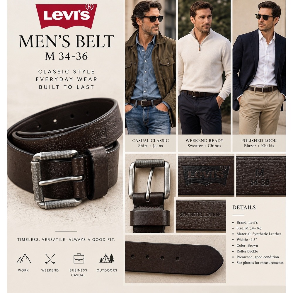 Levis Mens Belt M 34-36 Brown Synthetic Leather Roller Buckle Casual Everyday
